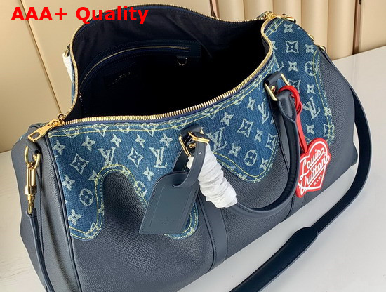 Louis Vuitton Keepall Bandouliere 50 Blue Monogram Denim and Navy Blue Taurillon Leather M45975 Replica