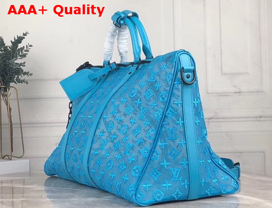 Louis Vuitton Keepall Bandouliere 50 Light Blue Monogram Embroidered Mesh Replica