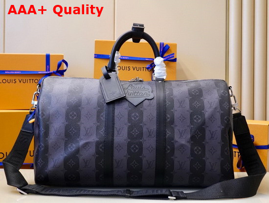 Louis Vuitton Keepall Bandouliere 50 Travel Bag in Masculine Monogram Stripes Eclipse Canvas Replica