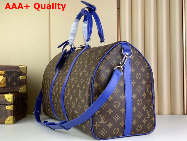 Louis Vuitton Keepall Bandouliere 50 Travel Bag in Monogram Macassar Coated Canvas and Blue Cowhide Leather Trim M46772 Replica