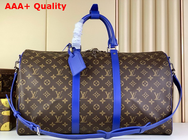 Louis Vuitton Keepall Bandouliere 50 Travel Bag in Monogram Macassar Coated Canvas and Blue Cowhide Leather Trim M46772 Replica