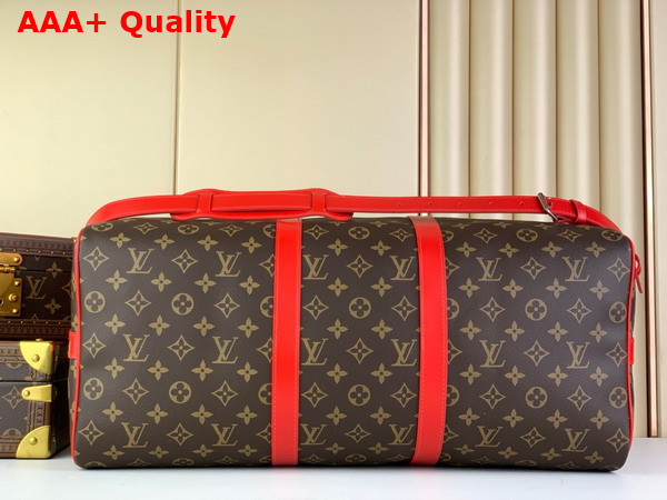 Louis Vuitton Keepall Bandouliere 50 Travel Bag in Monogram Macassar Coated Canvas and Red Cowhide Leather Trim M46769 Replica