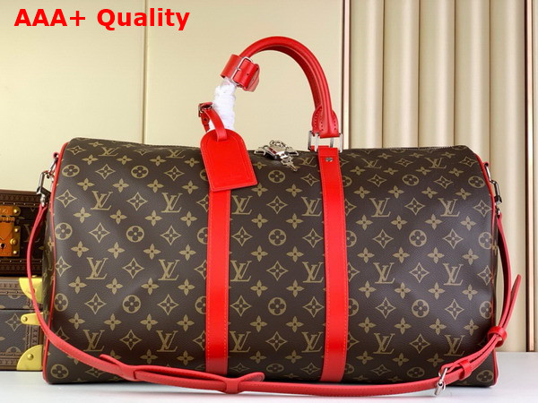 Louis Vuitton Keepall Bandouliere 50 Travel Bag in Monogram Macassar Coated Canvas and Red Cowhide Leather Trim M46769 Replica