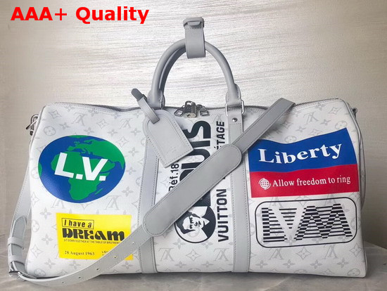 Louis Vuitton Keepall Bandouliere 50 White Monogram Canvas with Colorful Logos M44643 Replica