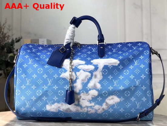 Louis Vuitton Keepall Bandouliere 50 in Blue Monogram Canvas with White Giant LV on The Front Replica