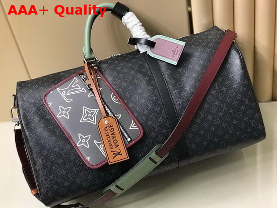 Louis Vuitton Keepall Bandouliere 50 in Monogram Eclipse Canvas with Virgil Ablohs New Patchwork M56856 Replica