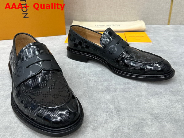 Louis Vuitton Kensington Loafer in Black Damier Embossed Glazed Calf Leather Replica