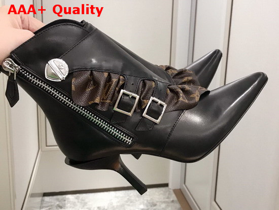 Louis Vuitton LV Janet Ankle Boot Black Calf Leather and Patent Monogram Canvas Ruffle 1A586E Replica