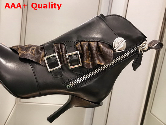 Louis Vuitton LV Janet Ankle Boot Black Calf Leather and Patent Monogram Canvas Ruffle 1A586E Replica