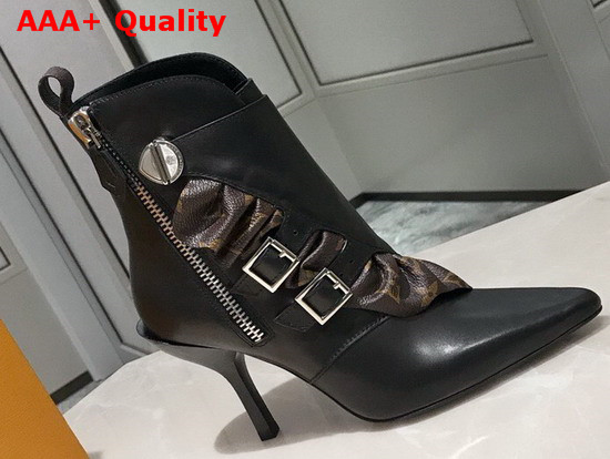 Louis Vuitton LV Janet Ankle Boot Black Calf Leather and Patent Monogram Canvas Ruffle 1A586E Replica