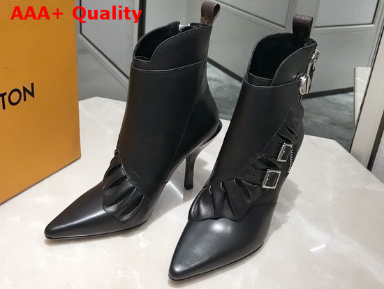 Louis Vuitton LV Janet Ankle Boot Black Glazed Calf Leather and Calf Leather Ruffle 1A57SG Replica