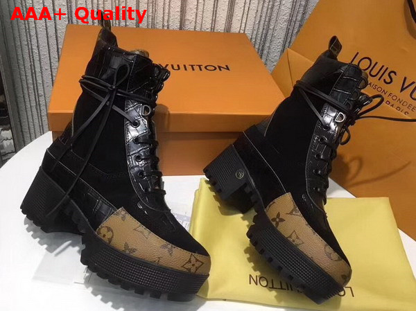 Louis Vuitton Laureate Platform Desert Boot Black Suede Calf Leather and Patent Monogram Canvas 1A2ZC9 Replica