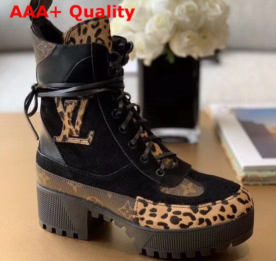 Louis Vuitton Laureate Platform Desert Boot in Black Suede Calf Leather and Pony Styled Calf Leather with a Bold Leopard Print 1A5NNX Replica