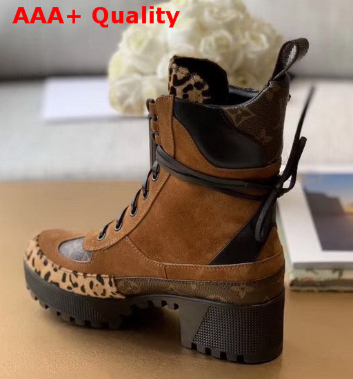 Louis Vuitton Laureate Platform Desert Boot in Cognac Brown Suede Calf Leather and Pony Styled Calf Leather with a Bold Leopard Print 1A5NOD Replica