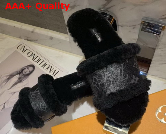 Louis Vuitton Lock It Flat Mule Black Mink Fur and Monogram Eclipse Canvas Replica