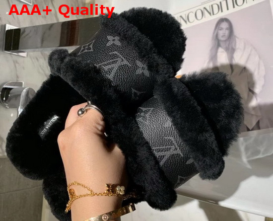 Louis Vuitton Lock It Flat Mule Black Mink Fur and Monogram Eclipse Canvas Replica