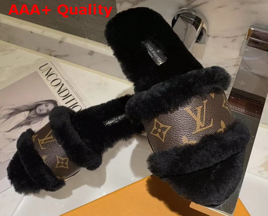 Louis Vuitton Lock It Flat Mule Black Mink Fur and Patent Monogram Canvas 1A8766 Replica