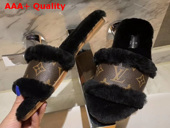 Louis Vuitton Lock It Flat Mule Black Mink Fur and Patent Monogram Canvas 1A8766 Replica