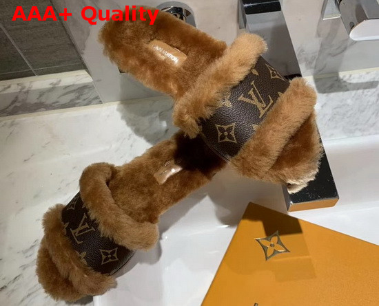 Louis Vuitton Lock It Flat Mule Cognac Brown Mink Fur and Patent Monogram Canvas 1A876Z Replica