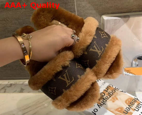 Louis Vuitton Lock It Flat Mule Cognac Brown Mink Fur and Patent Monogram Canvas 1A876Z Replica