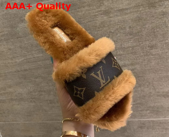 Louis Vuitton Lock It Flat Mule Cognac Brown Mink Fur and Patent Monogram Canvas 1A876Z Replica