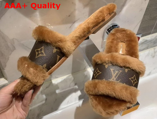 Louis Vuitton Lock It Flat Mule Cognac Brown Mink Fur and Patent Monogram Canvas 1A876Z Replica