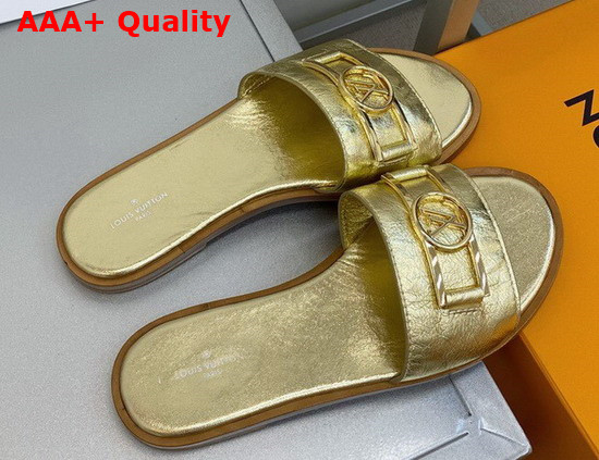 Louis Vuitton Lock It Flat Mule in Gold Metallic Calf Leather 1A87ZI Replica