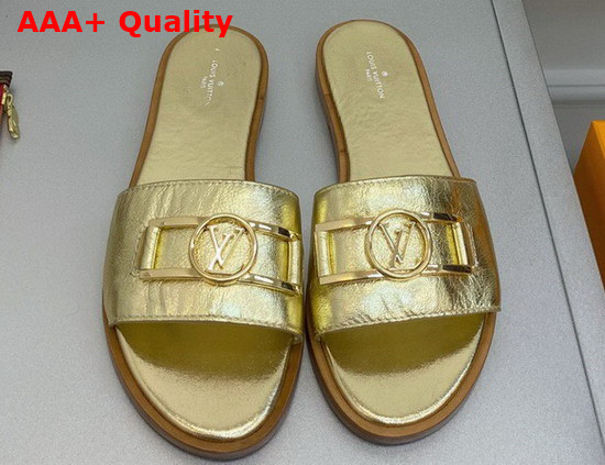 Louis Vuitton Lock It Flat Mule in Gold Metallic Calf Leather 1A87ZI Replica