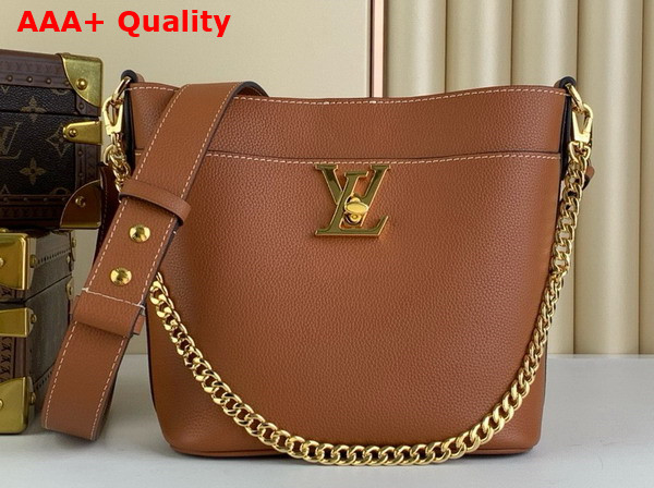 Louis Vuitton Lock and Walk Sleek Bucket Bag in Cognac Brown Grained Calf Leather M24165 Replica