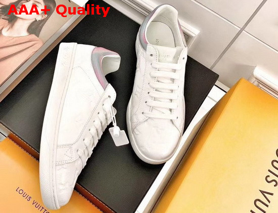 Louis Vuitton Luxembourg Sneaker in White Monogram Embossed Grained Calf Leather and Iridescent Textile 1A7S7Q Replica