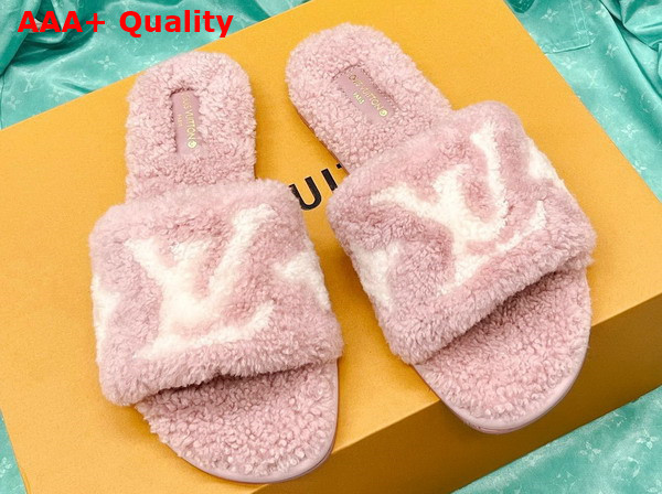 Louis Vuitton Magnetic Flat Mule in Rose Clair Pink Shearling with White LV Monogram Flower Replica