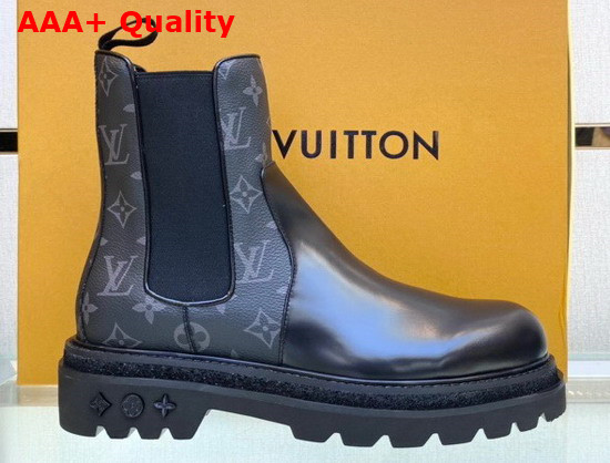 Louis Vuitton Men Chelsea Boot Black Glazed Calf Leather and Monogram Eclipse Canvas Replica