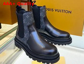 Louis Vuitton Men Chelsea Boot Black Glazed Calf Leather and Monogram Eclipse Canvas Replica