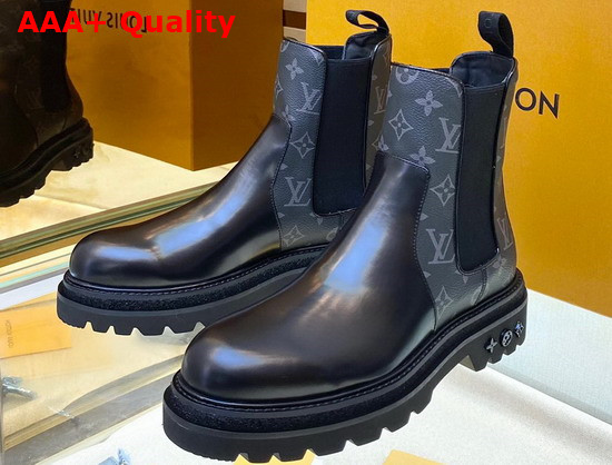 Louis Vuitton Men Chelsea Boot Black Glazed Calf Leather and Monogram Eclipse Canvas Replica