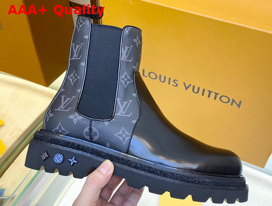 Louis Vuitton Men Chelsea Boot Black Glazed Calf Leather and Monogram Eclipse Canvas Replica