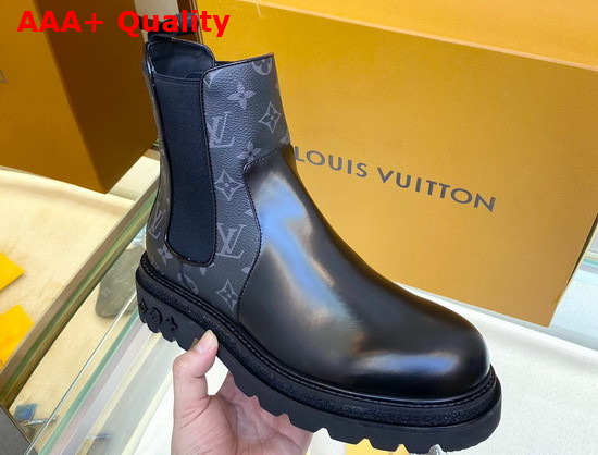 Louis Vuitton Men Chelsea Boot Black Glazed Calf Leather and Monogram Eclipse Canvas Replica