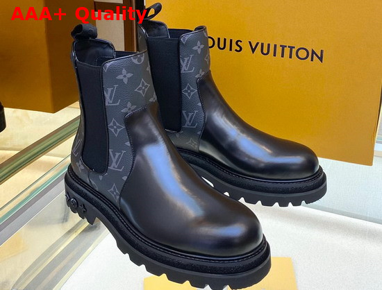 Louis Vuitton Men Chelsea Boot Black Glazed Calf Leather and Monogram Eclipse Canvas Replica