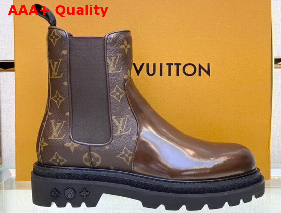 Louis Vuitton Men Chelsea Boot Brown Glazed Calf Leather and Monogram Canvas Replica