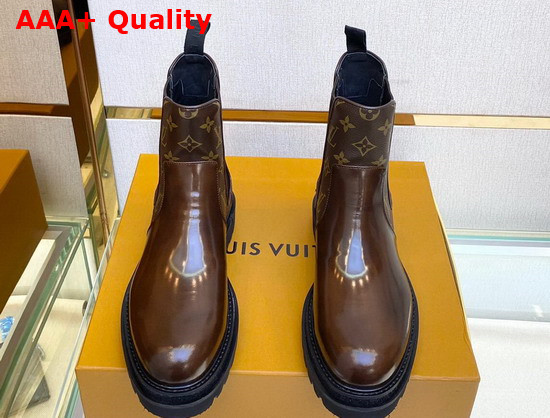 Louis Vuitton Men Chelsea Boot Brown Glazed Calf Leather and Monogram Canvas Replica