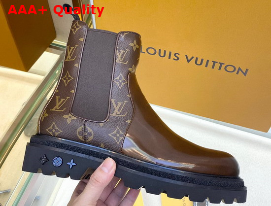 Louis Vuitton Men Chelsea Boot Brown Glazed Calf Leather and Monogram Canvas Replica