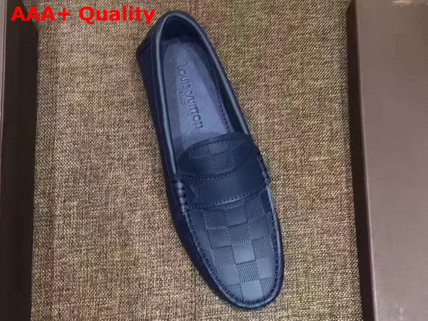 Louis Vuitton Men Loafer Shoes Navy Blue Damier Embossed Calf Leather Replica