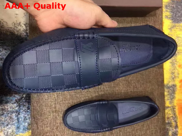 Louis Vuitton Men Loafer Shoes Navy Blue Damier Embossed Calf Leather Replica