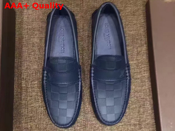 Louis Vuitton Men Loafer Shoes Navy Blue Damier Embossed Calf Leather Replica