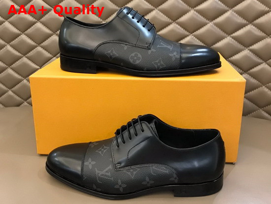 Louis Vuitton Mens Derby in Black Glazed Calf Leather and Monogram Eclipse Canvas Replica