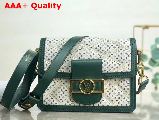 Louis Vuitton Mini Dauphine Handbag Denim Textile Printed Canvas with Green Calfskin Trim Replica