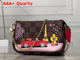 Louis Vuitton Mini Pochette Accessoires Damier Ebene Canvas with a Print of Vivienne LV World Tour Replica