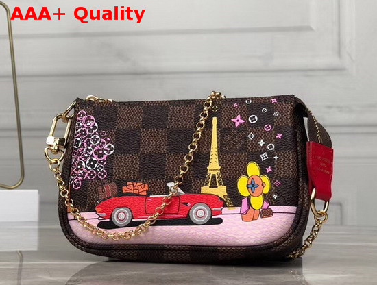 Louis Vuitton Mini Pochette Accessoires Damier Ebene Canvas with a Print of Vivienne LV World Tour Replica