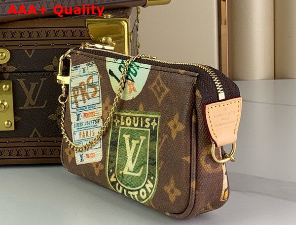 Louis Vuitton Mini Pochette Accessoires in Monogram Coated Canvas Decorated with Vintage Travel Stickers Replica