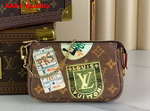 Louis Vuitton Mini Pochette Accessoires in Monogram Coated Canvas Decorated with Vintage Travel Stickers Replica