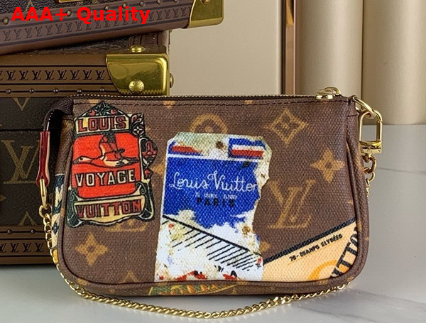 Louis Vuitton Mini Pochette Accessoires in Monogram Coated Canvas Decorated with Vintage Travel Stickers Replica